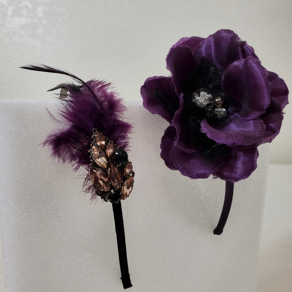 Headband Bundle | Violet Purple Flower, Feather | Hair Accessories - Vintage